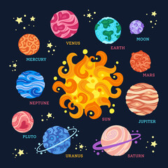 Planets around sun in space. Cartoon colorful solar system in dark background. Astronomical observatory. Sun moon mercury venus earth mars jupiter saturn neptun. Astronomy galaxy. Vector illustration © neliakott