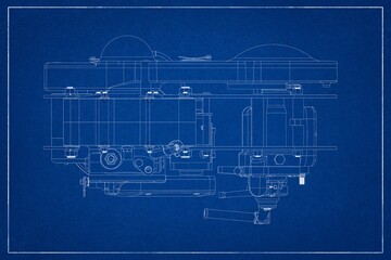 3D design of a motorcycle engine with exploded view.