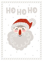 Hand drawn Christmas greeting card with Santa Claus character head and wording Ho Ho Ho. Vector illustration. Template for congratulations.