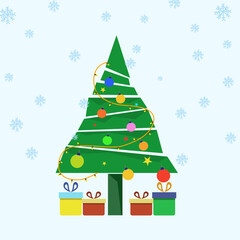 Christmas tree vector and decorated with gift boxes with lights in the snow, Christmas and winter festival concept.