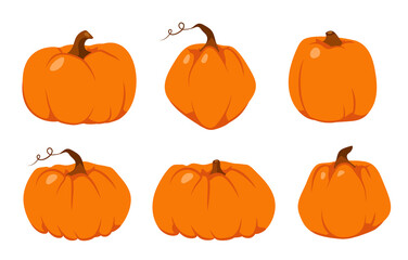 Set of Autumn pumpkin flat icon. Symbol Thanksgiving and Halloween. Cartoon different shape orange gourd. Gather farm harvest, season crop capacity. Ripe vegetable squash. Isolated vector illustration