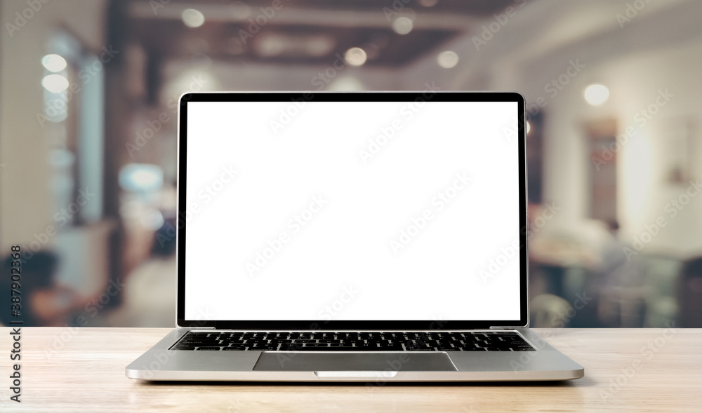 Fototapete laptop blank screen on wood table with coffee cafe background, mockup, template for your text, clipp