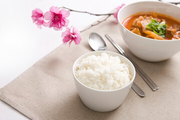 Obraz na płótnie Canvas korean food, kimchi stew and boiled rice