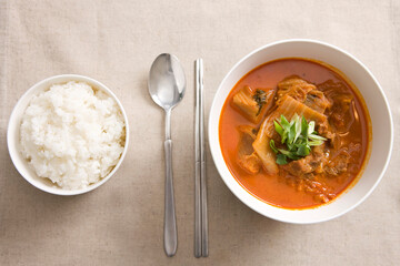 korean food, kimchi stew and boiled rice