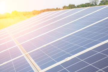 close up and selective focus short of solar cell panel installed in remote area for generating electricity for living and agriculture shows alternative power to eliminate pollution for climate change