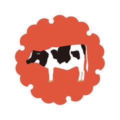 雪輪文様に横向き牛 -赤背景