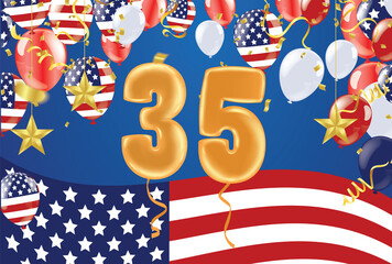 Obraz premium 35 years anniversary and birthday with template design on background colorful balloon and colorful tiny confetti pieces for celebration