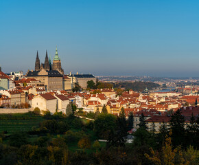 the old St. Vitus Cathedral and Prague Castle and the nearby ones with trees and grass in autumn   and a sky without clouds at sunset in the center of city