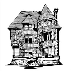 sketch of a broken house in artline black and white for illustration