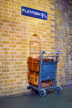 London, UK - May 12 2018: Platform 9 3/4 that taken fron Harry Potter movie in King's Cross station