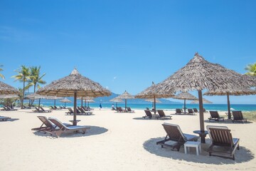 beach chairs and umbrellas