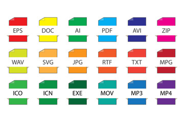 File format icons. Flat vector set of file buttons. Saving various files. Stock image. EPS 10