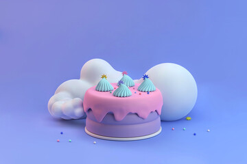Anniversary cake minimal pastel and fluffy clouds decorative  fantasy 3d illustration.