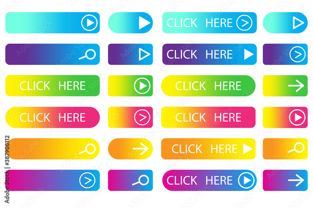 Poster vector colored buttons, click here. multi-colored buttons for the site. rectangles with a gradient. 