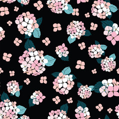 seamless pattern hand drawn pink round bouquet hydrangea flowers on black background design