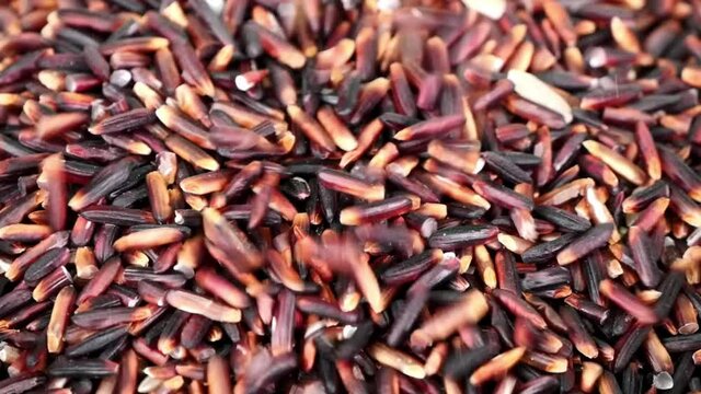 Close up Slow Motion, Pouring rice over pile of Riceberry Rice.