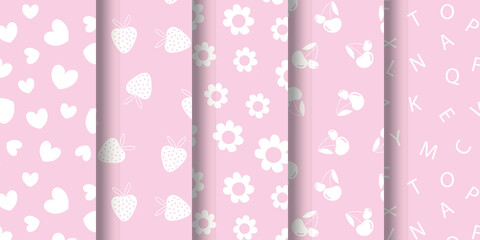 Baby girl pattern set with pink background, baby pattern background, pattern set with baby's item
