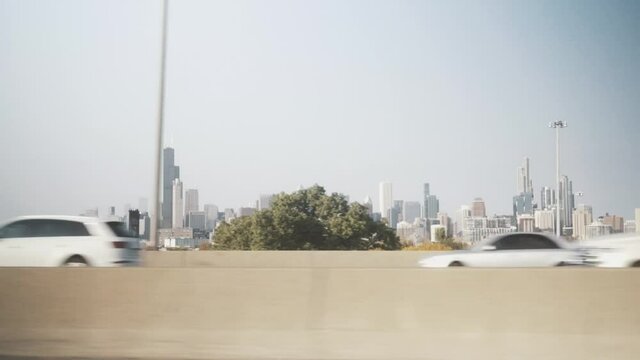 View of Chicago skyline from highway