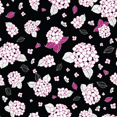 Obraz premium seamless pattern hand drawn white round bouquet hydrangea flowers with leavesdesign