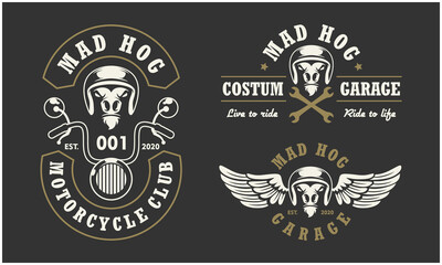 Warthog Wild Boar head auto repair and custom Garage logo. Design element for company logo, label, emblem, sign, apparel or other merchandise. Scalable and editable Vector illustration.