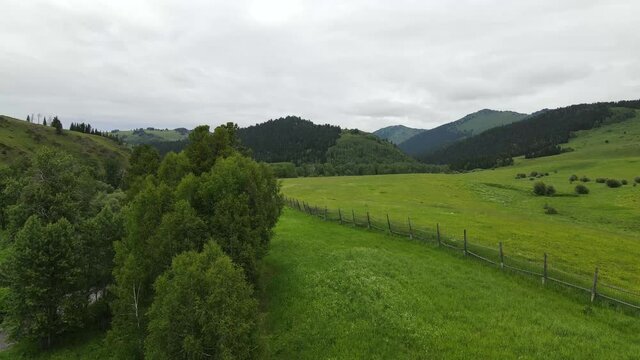 Landscape East Kazakhstan Upper Katon Karagay. Drone flight on DJI Mavic Air2, video 4K. River, green lowland near the mountains.