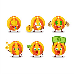 Yellow beach ball cartoon character with cute emoticon bring money