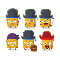 Cartoon character of yellow dice with various pirates emoticons