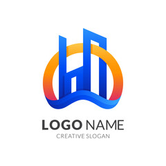 building wave logo, building and wave , combination logo design logo with 3d blue and orange color style