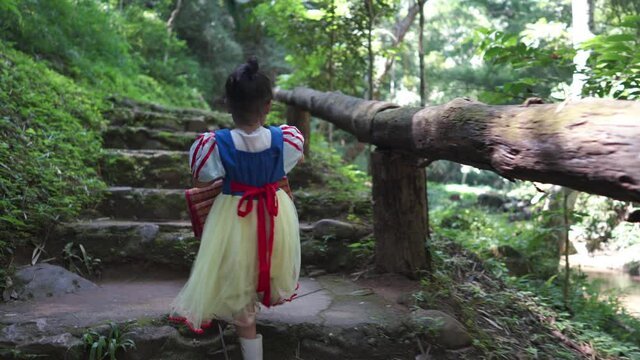 Little girl in princes dressed walking in woods.