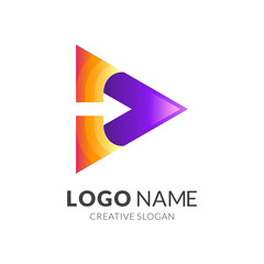 play button logo design with 3d orange and purple color style