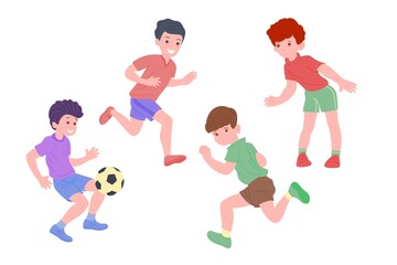 Happy children playing sport game. Boy and girl doing physical exercise. Kids playing football. Active healthy childhood. Flat vector cartoon illustration isolated on white background