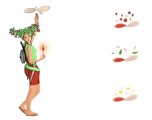 Cook pizza on a plate. Funny chef presenting a delicious pizza. Designed to decorate the restaurant menus.