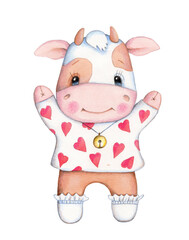 Cute cartoon cow bull calf symbol of New Year 2021. Watercolor hand drawn art, illustration, icon. Isolated.