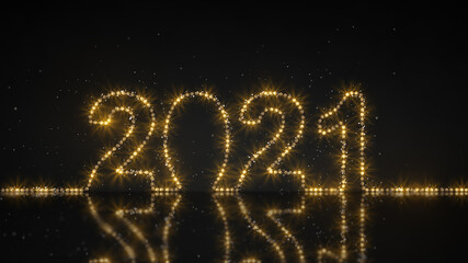 Text 2021 made from yellow string lights 3D rendering illustration