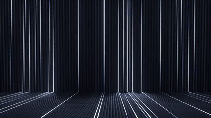 White neon stripes in black room 3D rendering - 387913939
