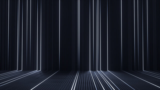 White neon stripes in black room 3D rendering