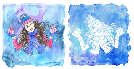 Libra zodiac symbol. Beautiful girl wearing scarf and hat holding gift boxes with bow against painted blue background with snow.