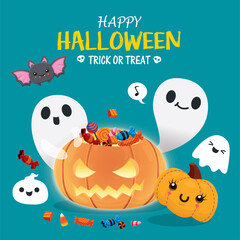 Vintage Halloween poster design with vector ghost, jack o lantern, demon, bat character. 