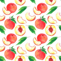 Seamless fruit watercolor pattern with peaches and leaves isolated on the white background