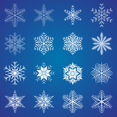 set of vector snowflakes isolated on blue background