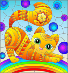 Illustration in stained glass style with a cute cartoon red kitten on the background of the sky and rainbow