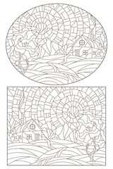 Fototapeta na wymiar Set contour illustrations of stained glass Windows landscape , lonely house on a background of nature, dark outlines on a white background