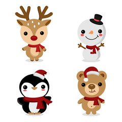 Cute animals and Snowman in Christmas holidays. Raindeer, penguin, bear, snowman cartoon character.