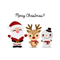 Merry Christmas and happy new year greeting card with cute Santa Claus, deer, snowman, penguin and bear.