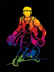 Group of Basketball players action cartoon sport graphic vector.