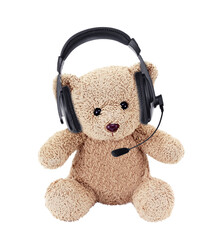 Old patched brown teddy bear isolated on white