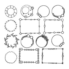 frames round and Rectangular set sketch hand drawn doodle. collection of border elements for design, vector, monochrome, minimalism, hearts, flowers, leaves, arrows, bow