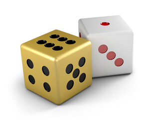 Golden and white dice with red dots isolated on white background. Gambling concept . 3d rendering