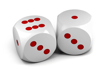White dice with red dots isolated on white background. Gambling concept . 3d rendering
