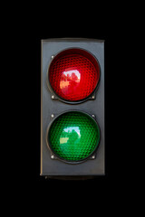Street traffic light for traffic regulation on black background
